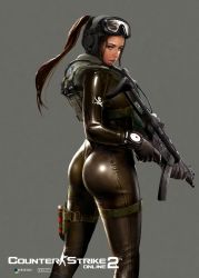 Rule 34 | artist request, ass, black hair, bodysuit, counter-strike, counter-strike (series), goggles, gun, highres, looking back, military, ponytail, realistic, skin tight, submachine gun, weapon, wet