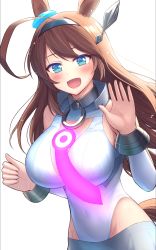 Rule 34 | 1girl, :d, absurdres, ahoge, animal ears, blue eyes, blush, breasts, brown hair, commentary request, detached sleeves, eyebrows hidden by hair, glowing, grey hairband, grey skirt, hairband, hands up, highres, horse ears, horse girl, horse tail, large breasts, leotard, long hair, long sleeves, looking at viewer, mihono bourbon (umamusume), open mouth, oyaji-sou, pink neckwear, pleated skirt, simple background, skirt, smile, solo, sweat, tail, umamusume, very long hair, white background, white leotard, white sleeves