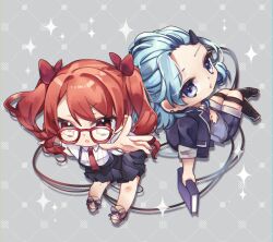 Rule 34 | 2girls, :o, black footwear, black shorts, black skirt, blue eyes, blue hair, blue jacket, blue shirt, book, boots, brown footwear, brown hair, chibi, closed mouth, collared shirt, forehead, frederica nikola tesla, glasses, grey background, hair intakes, hair ornament, hairclip, highres, holding, holding book, honkai (series), honkai impact 3rd, iran stn, jacket, knee boots, lieserl albert einstein, long sleeves, multiple girls, necktie, open clothes, open jacket, parted lips, pleated skirt, puffy short sleeves, puffy sleeves, red-framed eyewear, red eyes, red necktie, shirt, short sleeves, shorts, skirt, twintails, white shirt