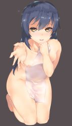 Rule 34 | 1girl, absurdres, bad id, bad pixiv id, blue hair, blush, breasts, commentary request, completely nude, covering privates, covering breasts, hair between eyes, highres, hplay, kneeling, long hair, looking at viewer, love live!, love live! school idol project, nipples, nude, nude cover, open mouth, simple background, small breasts, solo, sonoda umi, towel, wet, yellow eyes