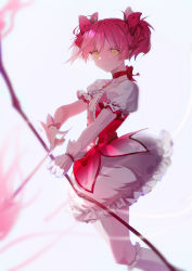 Rule 34 | 1girl, absurdres, ahivemind, arrow (projectile), bow, bow (weapon), choker, closed mouth, dress, floating hair, frilled dress, frilled sleeves, frilled socks, frills, gloves, hair bow, highres, holding, holding arrow, holding bow (weapon), holding weapon, kaname madoka, kneehighs, long hair, magical girl, mahou shoujo madoka magica, mahou shoujo madoka magica (anime), miniskirt, pink hair, red bow, red choker, simple background, skirt, socks, solo, weapon, white background, white gloves, white skirt, white socks, yellow eyes