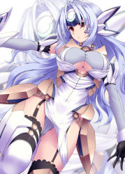Rule 34 | 00s, 1girl, android, armor, blue hair, breasts, cameltoe, chain, cleavage, elbow gloves, faulds, garter straps, gloves, headgear, highres, kos-mos, kos-mos ver. 4, large breasts, long hair, looking to the side, open mouth, red eyes, silver hair, solo, thighhighs, tro (trombe), underboob, very long hair, xeno (series), xenosaga, xenosaga episode iii, zoom layer