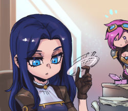 Rule 34 | 2girls, blue eyes, blue hair, box, breasts, brown gloves, caitlyn (league of legends), character name, cleavage, gloves, goggles, goggles on head, hand up, holding, indoors, league of legends, looking at another, medium breasts, multiple girls, notice lines, paper, phantom ix row, pink eyes, pink hair, short hair, short sleeves, upper body, vi (league of legends)