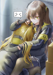 Rule 34 | 2girls, armband, black bow, black footwear, black hoodie, black jacket, black pantyhose, black ribbon, blonde hair, blue skirt, bow, box, brown hair, cardboard box, commentary request, eyebrows hidden by hair, feet out of frame, fingerless gloves, girls&#039; frontline, gloves, green eyes, hair between eyes, hair bow, hand on another&#039;s head, hand up, head on chest, highres, hood, hoodie, hug, jacket, long hair, long sleeves, looking at another, monokuro (sekahate), multicolored eyes, multiple girls, pantyhose, parted lips, pleated skirt, pouch, ribbon, scar, scar across eye, scar on face, skirt, spoken expression, twintails, ump45 (girls&#039; frontline), ump9 (girls&#039; frontline), yellow eyes