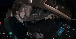 Rule 34 | 1girl, black suit, brown hair, car, car interior, cat, city lights, cityscape, clock, closed eyes, closed mouth, collared shirt, commentary request, digital clock, dleung, driving, forehead, formal, hair between eyes, hair ornament, hairclip, highres, long sleeves, looking ahead, motor vehicle, night, open mouth, original, outdoors, parted lips, pink eyes, rain, reflection, shirt, sitting, solo, sparkle, suit, upper body