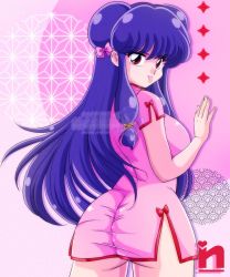 Rule 34 | 1girl, against wall, ass, breasts, chinese clothes, double bun, hair bun, large breasts, legs, long hair, looking at viewer, looking back, naughty face, purple hair, ranma 1/2, red eyes, shampoo (ranma 1/2), sideboob, solo, thick thighs, thighs, tongue, tongue out, watermark
