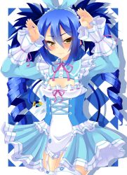 Rule 34 | 1girl, absurdres, arms up, blue hair, blush, bombergirl, brown eyes, closed mouth, drill hair, ear piercing, embarrassed, garter straps, hair between eyes, highres, houkiboshi, lewisia aquablue, long hair, long sleeves, looking at viewer, piercing, rabbit pose, solo, thighhighs, twin drills, white thighhighs