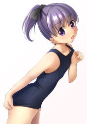 Rule 34 | 1girl, :o, bare arms, bare shoulders, blue one-piece swimsuit, blush, collarbone, commentary request, fingernails, gradient background, grey background, hair between eyes, high ponytail, highres, leaning forward, old school swimsuit, one-piece swimsuit, open mouth, original, ponytail, purple eyes, purple hair, school swimsuit, shibacha, solo, swimsuit, white background