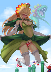 Rule 34 | 1boy, 1girl, :d, absurdres, blonde hair, blood, blue sky, breasts, bridal gauntlets, capelet, cleavage, covered navel, day, dress, facial hair, fireball, gloves, green capelet, green dress, hair over eyes, happa gumon, happa gumon, highres, jumping, lifting own clothes, long hair, mario, mario (series), medium breasts, mustache, nintendo, nosebleed, open mouth, panties, petey piranha, piranha plant, polka dot, polka dot panties, princess petey piranha, princess piranha plant, sharp teeth, size difference, sky, smile, solo focus, standing, super crown, teeth, thighhighs, underwear, warp pipe, white gloves, yellow eyes