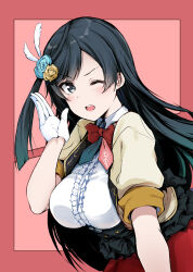 Rule 34 | 1girl, ;o, afterschool school idol (love live!), birthday, black hair, blush, border, breasts, feather hair ornament, feathers, flower, gengoroh, gloves, grey eyes, hair flower, hair ornament, highres, large breasts, long hair, looking at viewer, love live!, love live! nijigasaki high school idol club, one eye closed, one side up, pink background, red border, upper body, white gloves, yuki setsuna (love live!)
