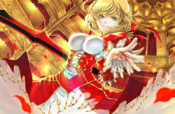 Rule 34 | 10s, aestus domus aurea, alternate hairstyle, blonde hair, breasts, curtains, epaulettes, fate/extra, fate/grand order, fate (series), from below, green eyes, indoors, looking at viewer, looking down, nero claudius (fate), nero claudius (fate) (all), nero claudius (fate/extra), outstretched arm, petals, puffy sleeves, short hair, smile, solo, sword, takeda yuuko, weapon, wide sleeves
