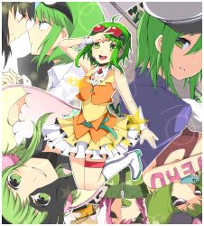 Rule 34 | 1girl, ahoge, ama no jaku (vocaloid), bad id, bad pixiv id, boots, goggles, goggles on head, green eyes, green hair, gumi, happy synthesizer (vocaloid), headphones, headset, highres, matching hair/eyes, mosaic roll (vocaloid), panda hero (vocaloid), richard, short hair, skirt, smile, solo, songover, vocaloid, wrist cuffs