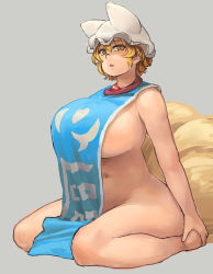 Rule 34 | 1girl, animal hat, belly, blonde hair, blush, breasts, brown eyes, chanta (ayatakaoisii), extra ears, foot grab, fox tail, full body, grey background, hair between eyes, hat, highres, huge breasts, looking at viewer, mob cap, multiple tails, naked tabard, navel, open mouth, plump, short hair, sideboob, simple background, slit pupils, solo, tabard, tail, thick thighs, thighs, touhou, wide hips, yakumo ran