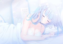Rule 34 | 1girl, :o, ahoge, amatsuka uto, bare arms, bare shoulders, bed sheet, blue hair, blurry, blurry background, blush, breasts, cleavage, closed mouth, collarbone, commentary request, depth of field, deyui, dress, facing viewer, hair ornament, hairclip, indie virtual youtuber, indoors, lying, medium breasts, mirror, on side, one side up, parted lips, pillow, reflection, signature, sleeping, solo, under covers, virtual youtuber, white dress, wing hair ornament