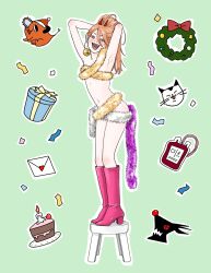 Rule 34 | 1girl, arms behind head, blood, blood bag, blood devil (chainsaw man), boots, cake, candle, cat, chainsaw man, christmas ornaments, christmas wreath, commentary request, confetti, fangs, flat chest, food, full body, gift, hands in hair, heureoreo, high heel boots, high heels, highres, horns, knee boots, korean commentary, meowy (chainsaw man), open mouth, orange hair, pink eyes, pochita (chainsaw man), power (chainsaw man), red horns, smile, solo, stool, wreath