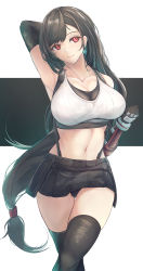 Rule 34 | 1girl, absurdres, armpits, bare shoulders, black gloves, black hair, black skirt, black thighhighs, blush, breasts, cleavage, collarbone, earrings, elbow gloves, final fantasy, final fantasy vii, final fantasy vii remake, fingerless gloves, gloves, highres, jewelry, large breasts, long hair, looking at viewer, low-tied long hair, midriff, navel, red eyes, shirt, skirt, smile, solo, suspender skirt, suspenders, tank top, taut clothes, taut shirt, thighhighs, tifa lockhart, white tank top, yusha m