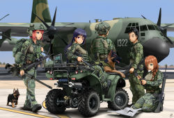 Rule 34 | 2boys, 3girls, absurdres, aircraft, airplane, ammunition pouch, assault rifle, backpack, bag, black hair, blue hair, body armor, bolt action, braid, brown hair, bulletproof vest, c-130 hercules, controller, dog, drone, eotech, german shepherd, green eyes, gun, helmet, highres, jitome, jpc, load bearing vest, looking back, military, multiple boys, multiple girls, open mouth, original, pouch, propeller, puppy, purple eyes, red hair, remote control, rifle, scope, sniper rifle, soldier, taiwan, twintails, vehicle, vehicle focus, weapon
