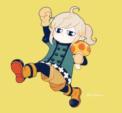 Rule 34 | 1girl, ahoge, ankle boots, aoi umetaro, arm up, black pantyhose, blue coat, boots, buttons, chibi, clenched hands, coat, cross print, double-breasted, earrings, elf, elf to shuryoushi no item koubou, full body, glasses, highres, holding, holding mushroom, jewelry, jitome, layered sleeves, long sleeves, looking ahead, looking at viewer, magritte (elf to shuryoushi no item koubou), mushroom, no mouth, orange footwear, pantyhose, pointy ears, ponytail, shoe soles, short over long sleeves, short sleeves, sidelocks, simple background, solo, twitter username, walking, yellow background