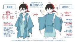 Rule 34 | 1boy, ahoge, arms at sides, arrow (symbol), black hair, blue hakama, blue robe, blue theme, commentary request, dated, dressing, english text, hakama, head scarf, how to, japanese clothes, kariginu, kimono, layered clothes, long sleeves, male focus, multiple views, no shoes, original, outstretched arms, pinching sleeves, red headwear, ribbon-trimmed sleeves, ribbon trim, robe, short hair, simple background, smile, socks, spread arms, standing, tabi, takeo horibe, translation request, white background, white kimono, white socks, wide sleeves
