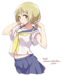 Rule 34 | 1girl, armpit peek, blonde hair, blouse, blue skirt, collarbone, commentary request, crop top, ichii yui, looking at viewer, low twintails, mel (melty pot), midriff, miniskirt, navel, neckerchief, pleated skirt, school uniform, serafuku, shirt, short sleeves, simple background, skirt, solo, sweat, twintails, white shirt, yellow eyes, yuyushiki