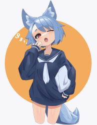 Rule 34 | 1girl, absurdres, animal ears, cropped legs, fang, fox ears, fox girl, fox tail, highres, holding, holding pillow, long sleeves, myakuro, one eye closed, open mouth, original, pillow, red eyes, school uniform, serafuku, short hair, sleeves past wrists, solo, tail, thick eyebrows, yawning