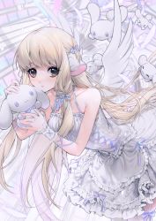 Rule 34 | 1girl, bare shoulders, blonde hair, bow, braid, brown eyes, chii, chobits, collarbone, dress, frilled dress, frills, hair bow, highres, lolita fashion, long hair, looking at viewer, mazamuno, nail polish, parted lips, purple bow, sanrio, solo, stuffed toy, thighhighs, white dress, white thighhighs, wings, yami kawaii