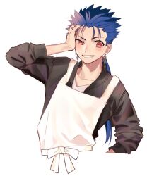 Rule 34 | 1boy, apron, black jacket, blue hair, blush, cropped torso, cu chulainn (fate), cu chulainn (fate/stay night), earrings, emiya-san chi no kyou no gohan, fate/stay night, fate (series), grin, highres, jacket, jewelry, long sleeves, looking at viewer, male focus, omae (pixiv 1668034), red eyes, simple background, smile, solo, upper body, white apron, white background