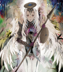 Rule 34 | 1girl, angel wings, armor, grey eyes, helmet, lips, long hair, lord of vermilion, matayoshi, polearm, shield, solo, spear, standing, valkyrie, valkyrie (lord of vermilion), weapon, white hair, wings