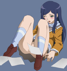 Rule 34 | 00s, 1girl, blue hair, blush, censored, convenient censoring, green eyes, kuga natsuki, my-hime, no panties, one eye closed, open mouth, pleated skirt, school uniform, serafuku, shoes, simple background, skirt, socks, solo