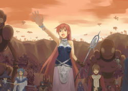 Rule 34 | 4girls, 5boys, :d, armpits, bare shoulders, blue dress, blue hair, bracelet, braid, cloud, dress, eyebrows, hat, hino hikaru, holding, holding weapon, jewelry, long hair, looking at viewer, monster, multiple boys, multiple girls, open mouth, orange sky, outdoors, outstretched arm, pixiv fantasia, pixiv fantasia 1, polearm, red eyes, short hair, sky, smile, spear, staff, standing, sunset, twin braids, very long hair, wand, waving, weapon, wizard, wizard hat