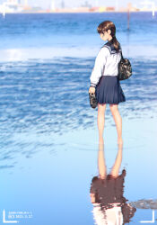 Rule 34 | 1girl, a.x., bag, barefoot, battery indicator, blue sailor collar, blue skirt, brown hair, dated, day, highres, holding, holding clothes, holding footwear, legs, original, outdoors, ponytail, reflection, reflective water, sailor collar, school bag, school uniform, shoes, skirt, soaking feet, solo, unworn shoes, viewfinder, water