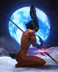Rule 34 | 1girl, absurdres, black hair, broad shoulders, caio santos, dark-skinned female, dark skin, final fantasy, final fantasy xiv, guro, highres, impaled, injury, kneeling, lens flare, muscular, muscular female, nude, planet, polearm, rabbit tail, scar, solo, space, tagme, tail, viera, weapon