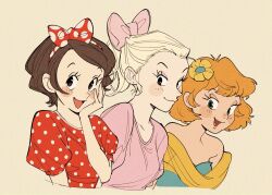 Rule 34 | 3girls, blonde hair, blue dress, blush stickers, bow, bow hairband, brown hair, clarice (disney), daisy duck, disney, dress, eyelashes, flower, green eyes, hair bow, hair flower, hair ornament, hairband, hand on own face, highres, humanization, long eyelashes, looking at viewer, minnie mouse, multiple girls, open mouth, orange hair, pink bow, pink shirt, polka dot, polka dot bow, polka dot dress, puffy short sleeves, puffy sleeves, red dress, scarf, shirt, short hair, short sleeves, smile, uochandayo, white background, yellow flower, yellow scarf