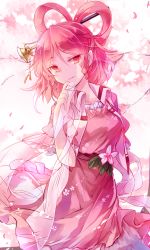 Rule 34 | 1girl, alternate color, alternate eye color, alternate hair color, breasts, collarbone, commentary request, dress, finger to mouth, flower, hair ornament, hair rings, hair stick, head tilt, kaku seiga, kutsuki kai, leaf, looking at viewer, medium breasts, petals, pink dress, pink flower, pink hair, puffy short sleeves, puffy sleeves, red eyes, shawl, short hair, short sleeves, smile, solo, touhou, upper body, vest, white vest