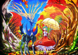 Rule 34 | 1girl, absurdres, alternate costume, antlers, ascot, autumn leaves, blue eyes, blue sky, creatures (company), day, flower, forest, game freak, gen 6 pokemon, green hair, highres, holding, holding leaf, horns, kazami yuuka, leaf, legendary pokemon, looking at another, maple leaf, mary janes, moss, nature, nintendo, parasol, plaid, plaid skirt, pokemon, pokemon (creature), pokemon xy, red eyes, red footwear, shoes, short hair, skirt, sky, socks, tagechan, touhou, tree, umbrella, white legwear, xerneas, yellow ascot