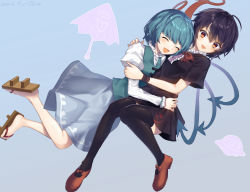 Rule 34 | 2girls, :d, ahoge, asymmetrical wings, black dress, black hair, black legwear, black wristband, blue hair, blue skirt, blue vest, blush, bow, bowtie, breasts, center frills, closed eyes, commentary request, dated, dress, embarrassed, eyelashes, fang, fingernails, footwear bow, frills, full body, geta, hand on another&#039;s shoulder, happy, houjuu nue, hug, karakasa obake, kisamu (ksmz), light blue background, mary janes, multiple girls, open mouth, red bow, red bowtie, red eyes, red footwear, sandals, shirt, shoes, short hair, short sleeves, simple background, skirt, small breasts, smile, sweatdrop, tatara kogasa, thighhighs, touhou, ufo, umbrella, vest, white shirt, white sleeves, wings
