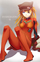 Rule 34 | 10s, 1girl, :&lt;, animal ears, animal hat, badge, bandages, blue eyes, bodysuit, breasts, button badge, cabbie hat, cat hat, closed mouth, copyright name, evangelion: 3.0 you can (not) redo, fake animal ears, frown, full body, gradient background, grey background, hair between eyes, halftone, hat, hat ornament, impossible bodysuit, impossible clothes, jacket, knees up, long hair, neon genesis evangelion, off shoulder, open clothes, open jacket, orange hair, pilot suit, plugsuit, rebuild of evangelion, sabu (sabudenego), shadow, sitting, skull print, small breasts, solo, souryuu asuka langley, tape, track jacket, turtleneck, two side up, undressing