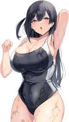 Rule 34 | 1girl, :o, absurdres, alternate breast size, alternate costume, arm behind head, arm up, black hair, black one-piece swimsuit, breasts, cleavage, clenched teeth, competition swimsuit, covered navel, cowboy shot, curvy, grey eyes, hair between eyes, hand up, highres, large breasts, long hair, looking at viewer, love live!, love live! nijigasaki high school idol club, namazu (yamasonson), one-piece swimsuit, open mouth, side ponytail, simple background, skindentation, solo, swimsuit, teeth, thighs, wet, white background, yuki setsuna (love live!)