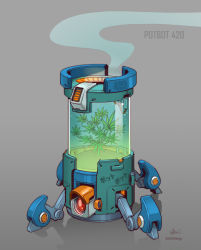 Rule 34 | anh dang, artist name, commentary, english commentary, english text, grey background, highres, holding, holding pot, marijuana, no humans, non-humanoid robot, original, plant, pot, robot, signature, simple background, smoke