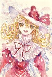 Rule 34 | 1girl, :d, blonde hair, bow, capelet, curly hair, dot nose, dress, drill hair, elly (touhou), frilled capelet, frills, hair between eyes, hat, hat bow, highres, long hair, looking at viewer, navybluesparrow, neck ribbon, open mouth, painting (medium), red bow, red dress, red ribbon, ribbon, smile, solo, sun hat, teeth, touhou, touhou (pc-98), traditional media, upper body, upper teeth only, watercolor (medium), white capelet, white hat, yellow eyes
