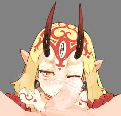 Rule 34 | 1boy, 1girl, blonde hair, censored, cum, earrings, facejob, facial, fate (series), heart, heart-shaped pupils, highres, horns, ibaraki douji (fate), jewelry, kunabishi, penis, penis on face, pointy ears, smegma, symbol-shaped pupils, tagme
