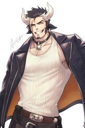 Rule 34 | 1boy, aion kiu, animal ears, bara, bell, belt, black hair, black jacket, brown belt, chinese zodiac, cow boy, cow ears, cow horns, cowboy shot, facial hair, goatee, horns, jacket, large pectorals, leather, leather jacket, long sideburns, male focus, mature male, muscular, muscular male, neck bell, open clothes, open jacket, original, pale skin, pectoral cleavage, pectorals, scar, scar across eye, scar on face, short hair, sideburns, sidepec, smile, solo, tank top, white tank top, year of the ox
