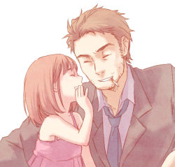 Rule 34 | 1boy, 1girl, brown hair, child, cigarette, closed eyes, facial hair, father and daughter, knhl, necktie, original, short hair, stubble, whispering