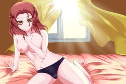 Rule 34 | 10s, 1girl, arm support, breasts, cleavage, curtains, girls und panzer, groin, highres, lens flare, navel, nipples, on bed, panties, partially undressed, pink hair, rosehip (girls und panzer), sitting, sketch, smile, solo, thighs, topless, underwear, window, yellow eyes