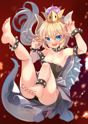 Rule 34 | :d, arm up, ass, barefoot, black legwear, blonde hair, blue eyes, blurry, blurry background, blush, bowsette, bracelet, breasts, cleavage, collar, collarbone, commentary request, crown, depth of field, fangs, feet, fingernails, hair between eyes, hand up, highres, horns, jewelry, leotard, long hair, mario (series), medium breasts, mini crown, new super mario bros. u deluxe, nintendo, open mouth, smile, solo, spiked bracelet, spiked collar, spiked tail, spikes, strapless, strapless leotard, super crown, tail, toes, v-shaped eyebrows, very long hair, watermark, web address, xephonia