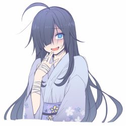 Rule 34 | 1girl, ahoge, bandaged arm, bandages, black hair, blue kimono, blunt bangs, blush, commentary request, fang, floral print, hair over one eye, hand up, japanese clothes, kimono, long hair, looking at viewer, obi, open mouth, original, sash, simple background, smile, solo, sweatdrop, upper body, very long hair, white background, yagi (ningen)