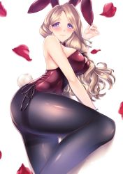 Rule 34 | 1girl, absurdres, animal ears, asa (asakisafe1), black pantyhose, blonde hair, bow, bowtie, breasts, commentary request, fake animal ears, feet out of frame, fire emblem, fire emblem: three houses, highres, large breasts, leotard, long hair, looking at viewer, lying, mercedes von martritz, nintendo, on side, pantyhose, petals, playboy bunny, purple eyes, rabbit ears, rabbit tail, red bow, red bowtie, red leotard, solo, tail, wrist cuffs