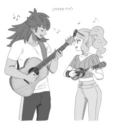 Rule 34 | 1boy, 1girl, bad id, bad twitter id, closed eyes, collarbone, cowboy shot, creatures (company), dede (qwea 00000), eyewear on head, facial hair, game freak, greyscale, guitar, hair ornament, hat, heart, heart hair ornament, holding, holding instrument, instrument, leon (pokemon), looking at another, monochrome, music, musical note, nintendo, open mouth, playing instrument, pokemon, pokemon swsh, simple background, smile, sonia (pokemon), standing, sunglasses, white background