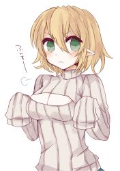 Rule 34 | &gt;:&lt;, 1girl, :&lt;, alternate costume, angry, bad id, bad pixiv id, blonde hair, blush, breasts, cleavage, closed mouth, frown, green eyes, highres, looking at viewer, meme attire, mizuhashi parsee, open-chest sweater, pointy ears, ribbed sweater, short hair, sleeves past wrists, solo, sui (aruko91), sweater, touhou, upper body, v-shaped eyebrows