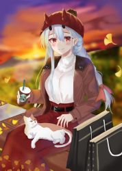Rule 34 | 1girl, absurdres, alternate costume, alternate hairstyle, animal, animal on lap, bag, belt, bench, black belt, blush, braid, brown coat, casual, cat, cat on lap, coat, contemporary, cup, fate/grand order, fate (series), hair between eyes, highres, holding, holding cup, horns, horns through headwear, leaf, long hair, long skirt, looking at viewer, on bench, on lap, oni horns, open clothes, open coat, outdoors, red eyes, red headwear, red skirt, silver hair, single braid, sitting, skirt, smile, solo, sunset, sweater, tomoe gozen (fate), white sweater, zkzk